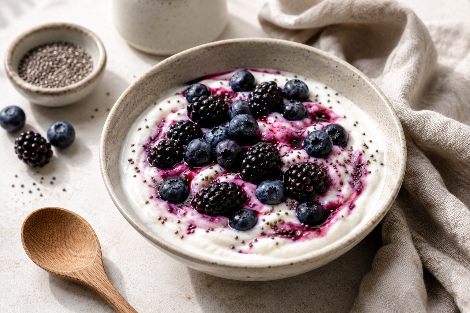 Berry coconut yogurt with blueberries, blackberries, and chia seeds