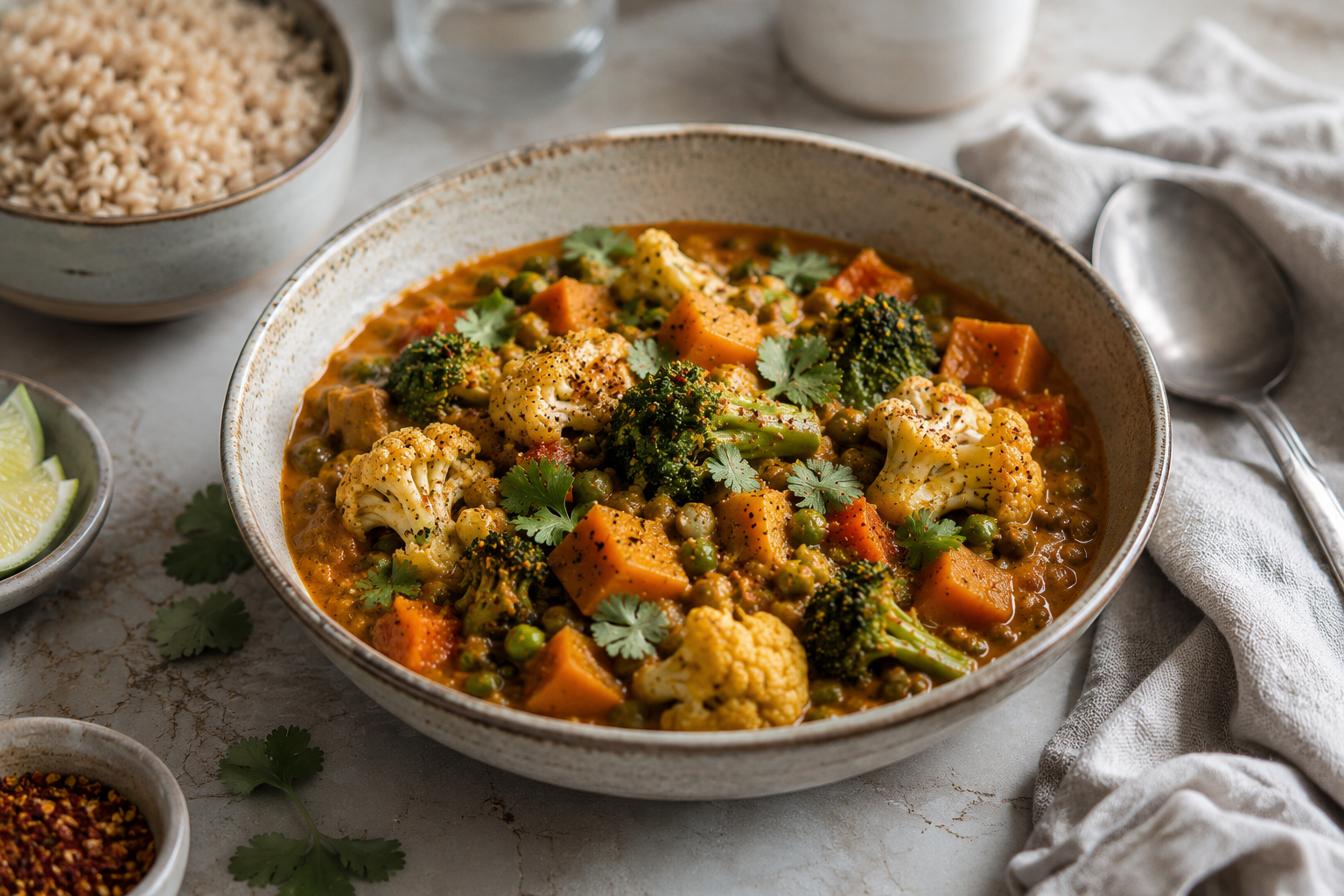 Petra's everyday curry served over rice with fresh herbs